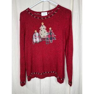 1990s CJ Banks Red Green Christmas Tree Plaid Woodland Country Chic Sweater L